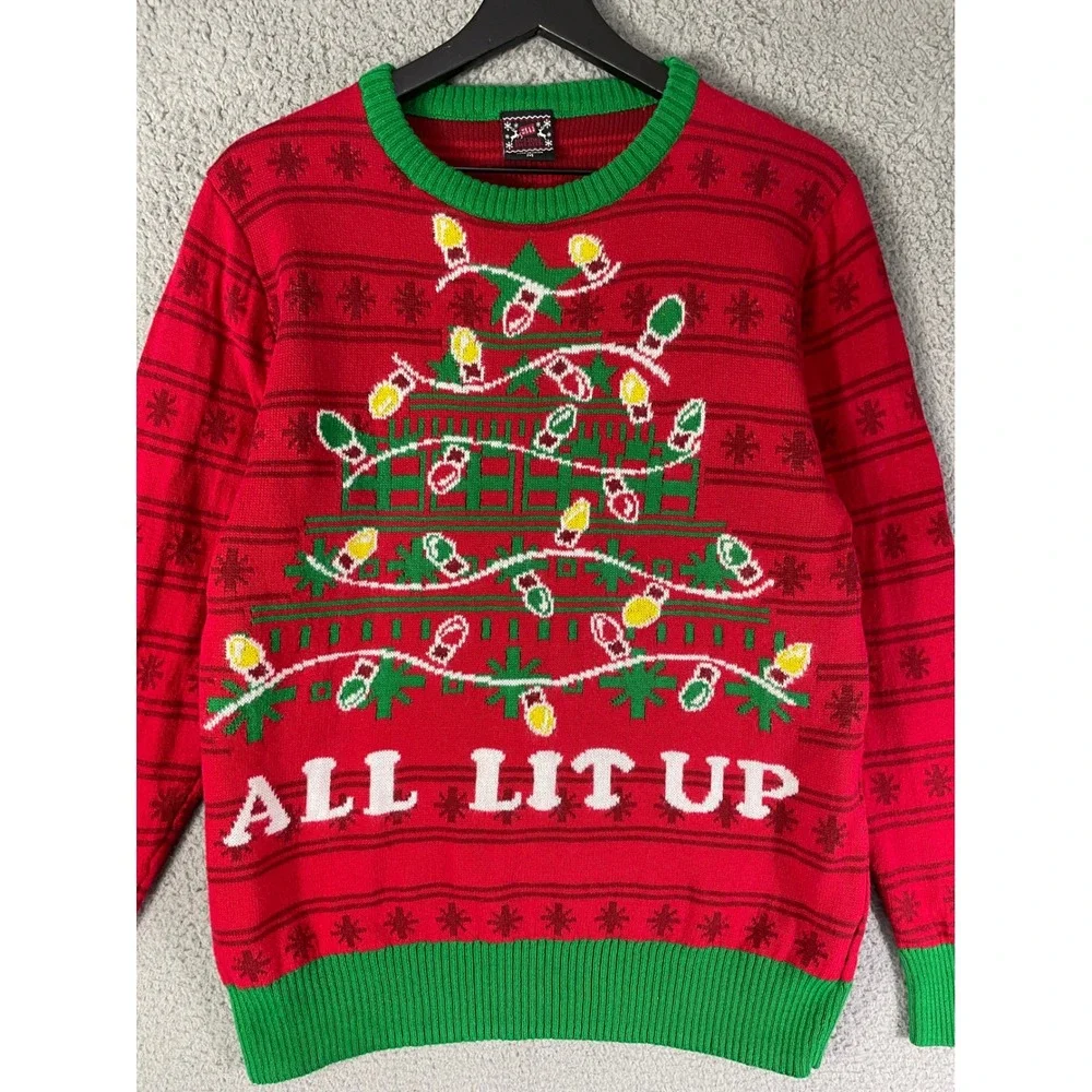 Ugly Christmas Sweater Mens Medium Red Holiday Tree All‎ Lit Up Pullover